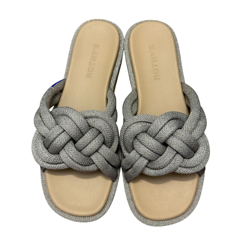 Rothys The Knot Slide Metallic Silver Braided Sandals Mismatched 8.5
